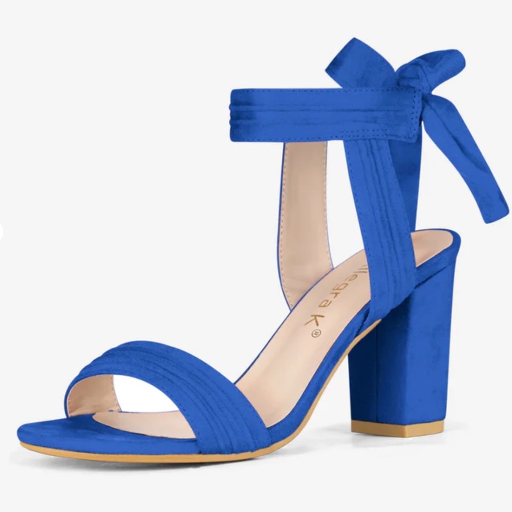 Faux Suede Open Toe Ankle Tie Back Chunky Heel Sandals Blue *Brand new*